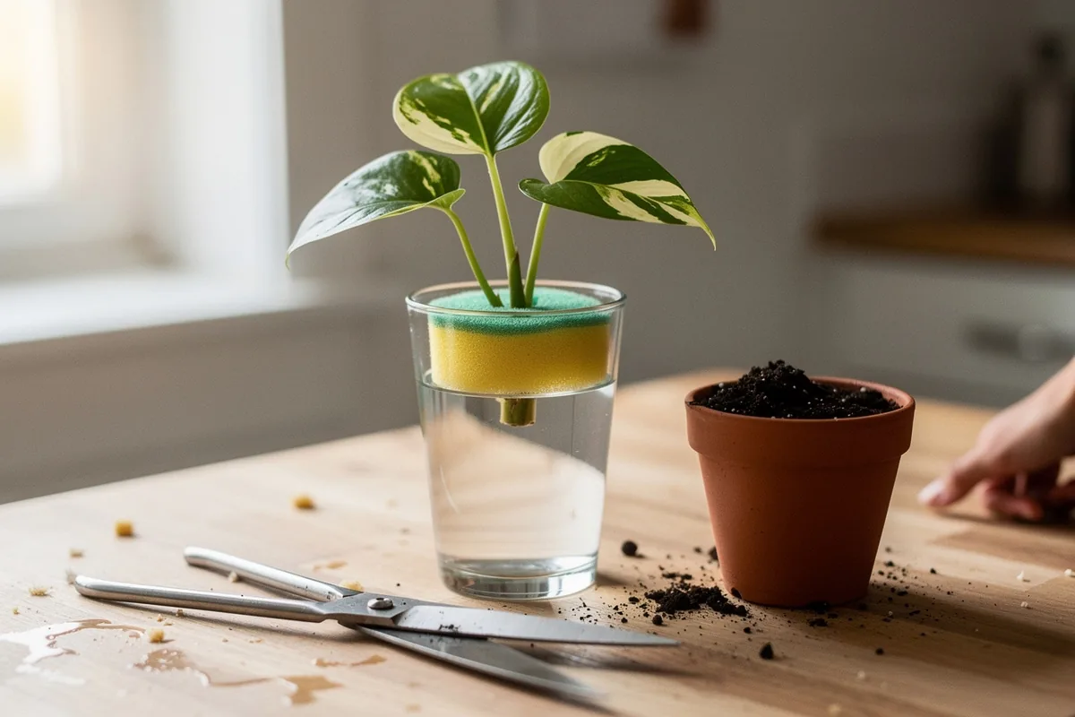 Hoe een potusplant te laten wortelen en nieuwe scheuten te maken met een keukenspons